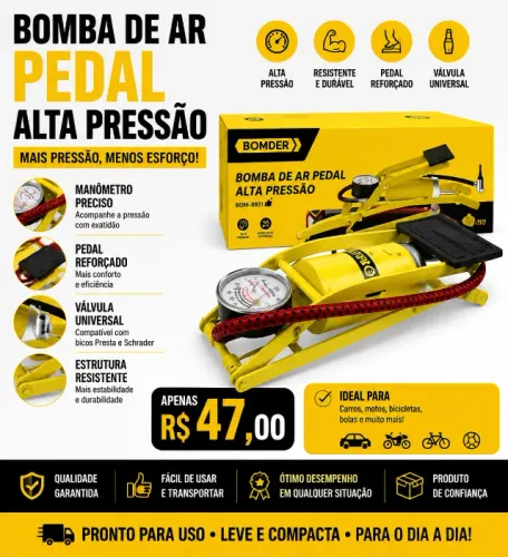 Bomba de Ar de Pedal Reforçada com Medidor de Pressão