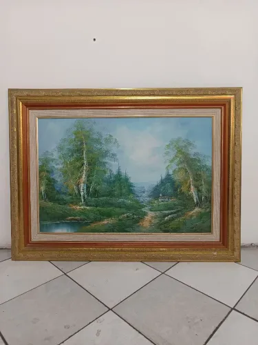 Lindo quadro antigo pintado a mão com bordas dourada