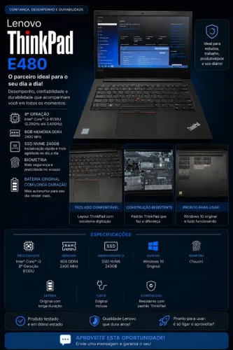 Lenovo ThinkPad E480 14' Core i3 8ª geração 8GB de memória e 240GB SSD NVME
