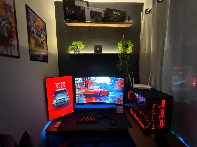 Setup completo pc gamer am5/ddr5 monitores cadeira periféricos e cabos.