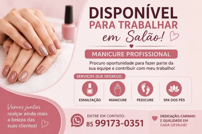 Manicure Profissional - Disponível para Trabalhar em Salão