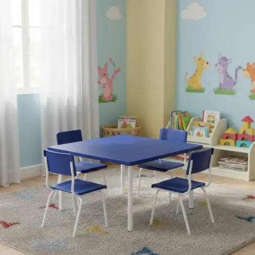 Conjunto Quadrado Infantil 4 Cadeiras Azuis Tampo Plástico 6 a 9 Anos Escolar 44004
