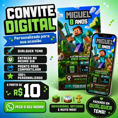 Convite Digital Minecraft Personalizado para Festa