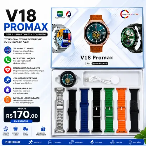 Smartwatch V18 Pro Max +7 Pulseiras/Tela AMOLED 360x360 /Chamadas/Carregador Magnético