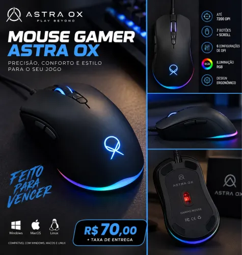 MOUSE GAMER ASTRA OX - ALTA PRECISÃO E DESEMPENHO | R$ 70,00