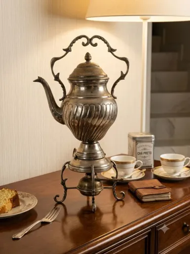 Antigo Samovar / Bule Grande com Réchaud em Metal Prateado (45cm)