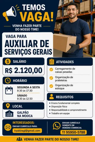 VAGA: AUXILIAR DE SERVIÇOS GERAIS - GALPÃO NA MOOCA