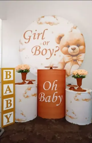Kit decoração CHA REVELAÇÃO com Arco, cilindros, bolo fake, cubo baby e 4 capas