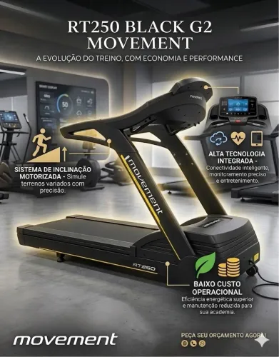 Evolua o seu treino com a Esteira Movement RT250 G2 Black.