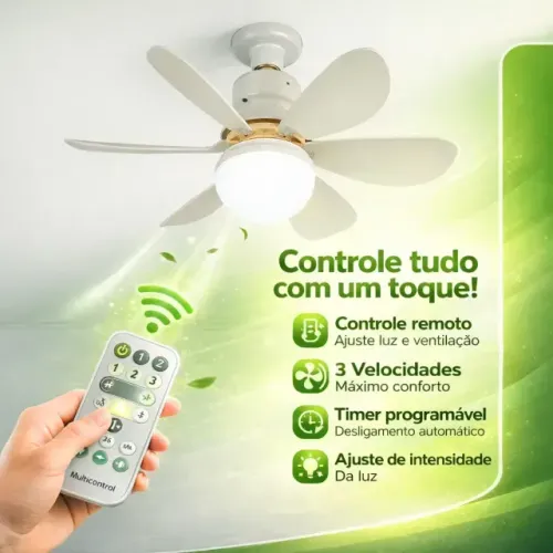 Lâmpada Ventilador De Teto Compacto E27 Bivolt Silencioso Portátil 6 Hélices c/ controle