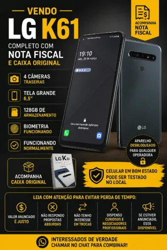 telefone smartphone LG K61 usado com caixa original - 4 Câmeras 128GB 4GB de RAM.