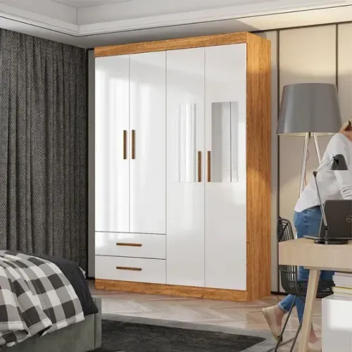 Guarda Roupa Hercules 4Pts 2Gvs com Espelhos Cinamomo.Branco Carioca - Entrega Rápida!