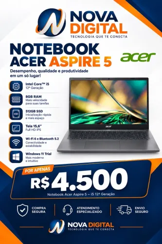 Notebook Acer Aspire 5 Core i5 12ª Geração 8GB RAM SSD 512GB