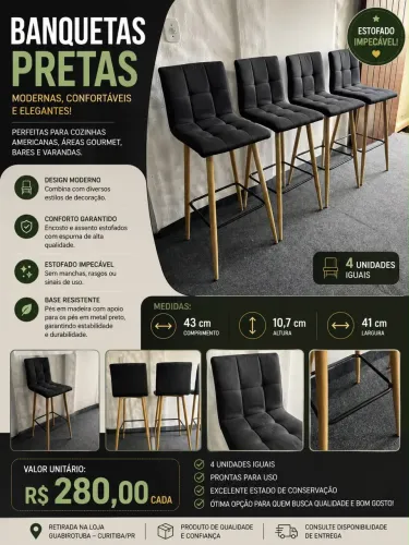 BANQUETA ALTA ESTOFADA PRETA - VALOR UNITÁRIO