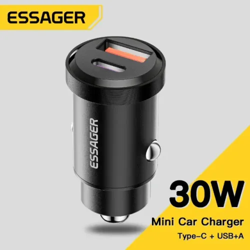 Carregador Veicular Essager 30W Dupla Saída USB-C + USB-A Compacto Premium
