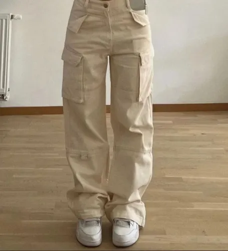 Calça cargo jeans bege/off white tamanho M/G/40/42