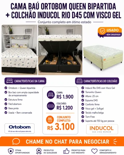 CAMA BAÚ QUEEN + COLCHÃO D45 VISCO GEL