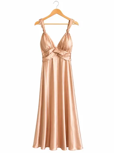 Vestido Longuete de Cetim Dourado com Alças em Nó