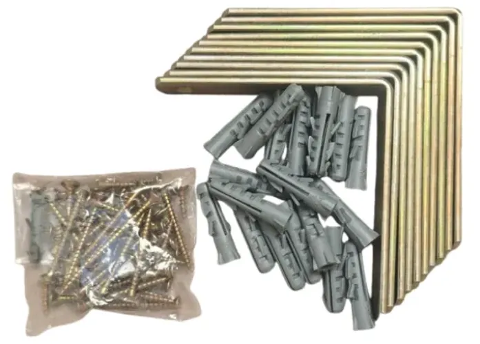 Kit de cantoneiras metálicas (em L, com furos para fixação) + parafusos & buchas