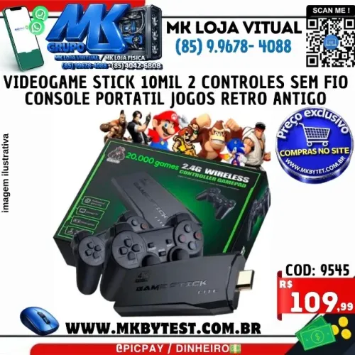 Videogame Stick 10mil 2 Controles Sem Fio Console Portatil Jogos Retro Antigo