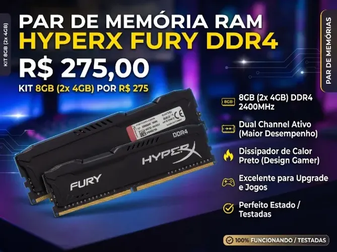 Kit Memória RAM HyperX Fury DDR4 8GB (2x 4GB) 2400MHz CL15 - Impecável / Testadas