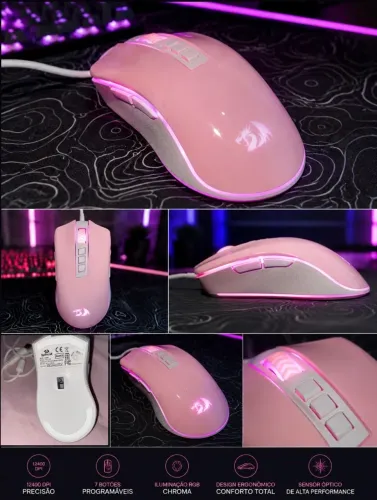 Mouse Gamer Rosa com RGB - Estilo e Precisão para seu Setup!