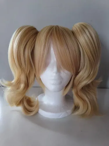 Peruca loira sintética cosplay dois ponytails