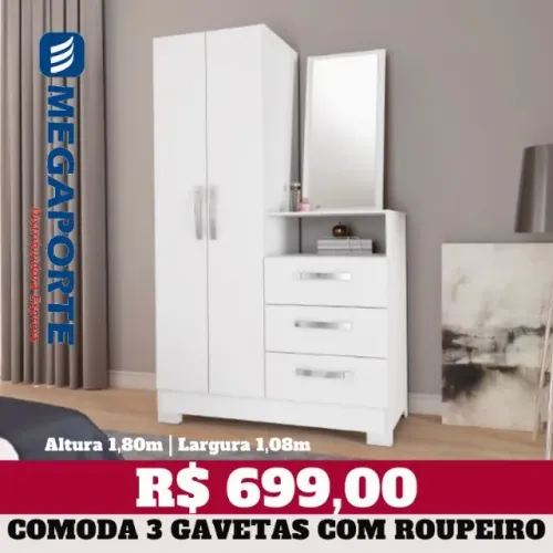 Cômoda Roupeiro 3 Gavetas 2 Portas e 1 Espelho (Novo) Entrega Grátis!