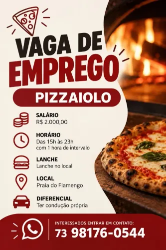 VAGA PARA PIZZAIOLO E AUXILIAR DE COZINHA 