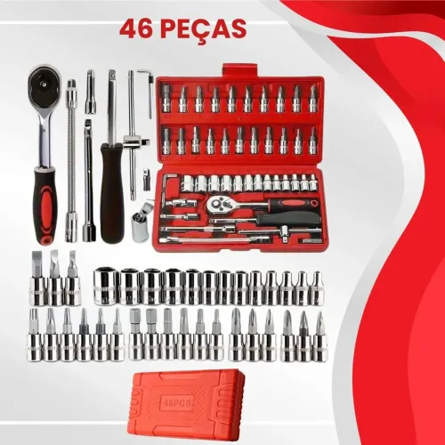Kit Ferramentas 46 Peças Soquetes Catraca Reversível Maleta Vermelho