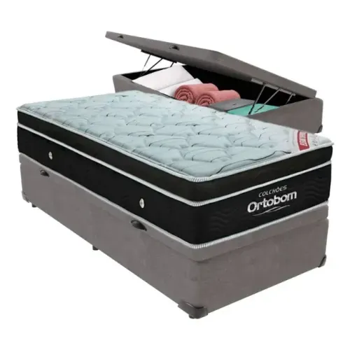 Colchão Solteiro Premium Ortobom + Base Baú Solteiro Cinza Elefante 