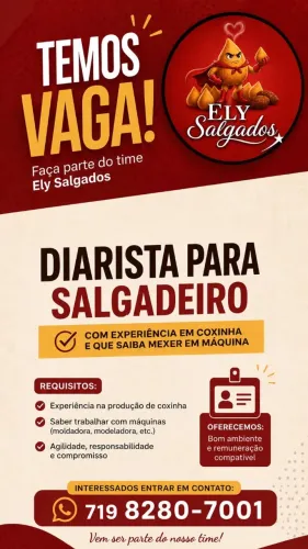 Diarista para Salgadeiro(a) - Com Experiência em Coxinha