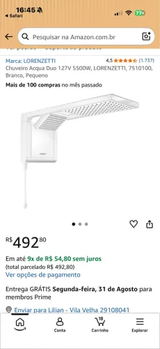 Chuveiro Acqua Duo 127V 5500W, LORENZETTI, 7510100, Branco, Pequeno