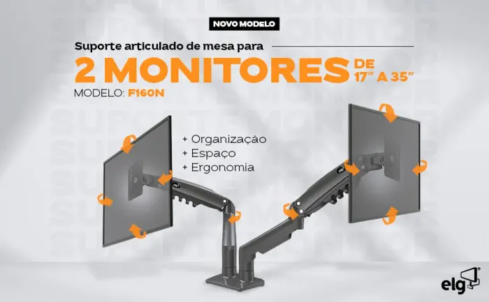 Suporte Articulado com Pistão a Gás e Ajuste de Altura, 2 Monitores de 17? a 35?