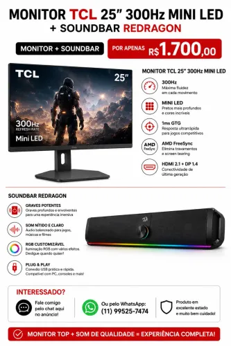 Monitor TCL 25? Mini LED 300Hz + Soundbar Redragon RGB