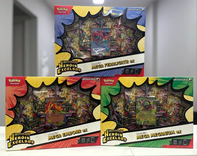 Coleção Heróis Excelsos Mega Emboar / Meganium / Feraligatr Pokémon TCG - FFSTOREGAMES