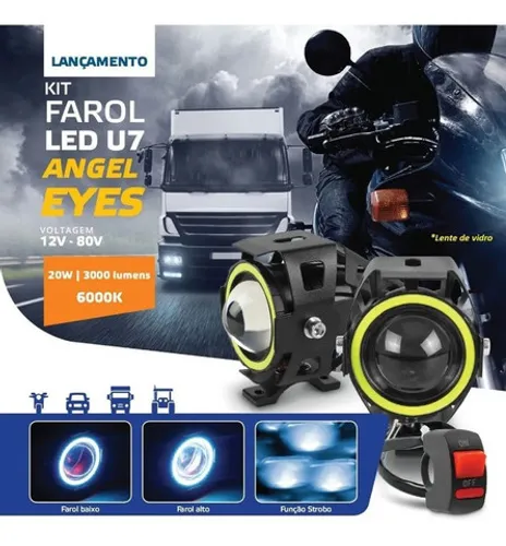Par Farol Led Angel Eye Auxiliar Neblina Moto U7 Luz Branco
