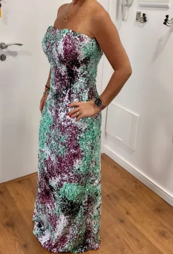 Vestido de festa longo de paetes verde, branco e magenta veste Tam. 38-40