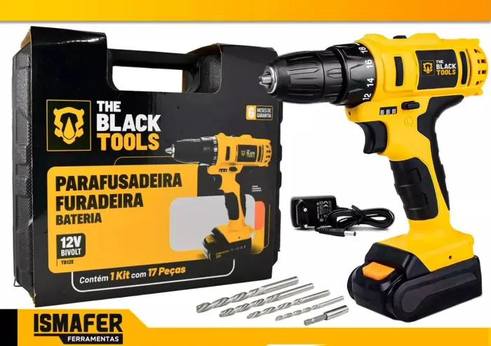 Parafusadeira furadeira 12V Bivolt The Black Tools - 17 Peças - Nova