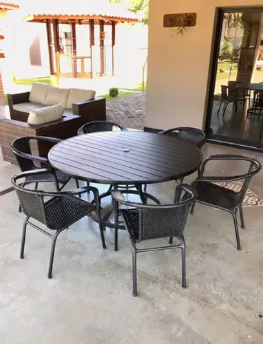 Mesa Alumínio Tampo Ripado 1,50m com 6 Poltronas Junco