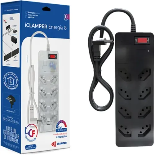 Filtro de Linha Clamper Preto 8 Tomadas Com Proteção DPS iClamper Energia 8 - WZetta