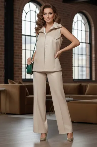 Conjunto feminino 44 bege calça e colete da Practory