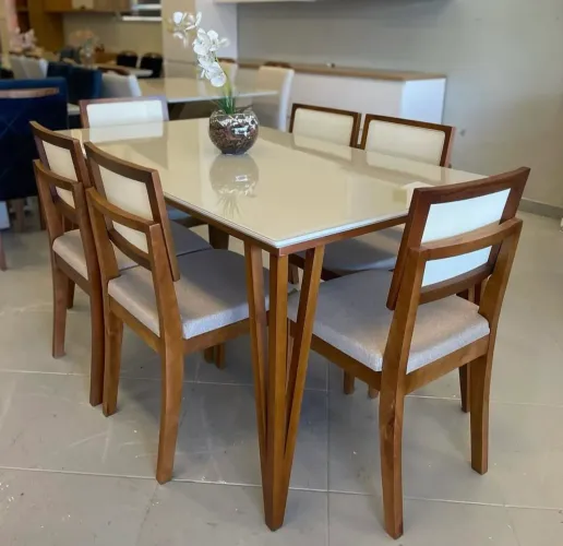 Mesa de Jantar Safira com 6 Cadeiras Madeira Maciça- Entrega Rápida