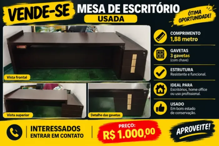 Mesa de escritório 1,80 mt com 3 gavetas