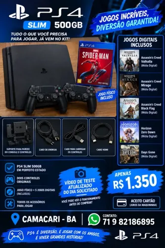 PS4 Slim 500GB + 2 Controles + Jogos + Suporte de Parede!
