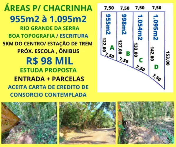 Áreas p/ Chacrinha 955m2 à 1095m2 Rio Grande da Serra Escritura Entrada + Parcelas