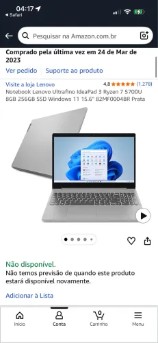 Notebook Lenovo Ultrafino IdeaPad 3 Ryzen 7 5700U 8GB 256GB SSD Windows 11 15.6" Prata