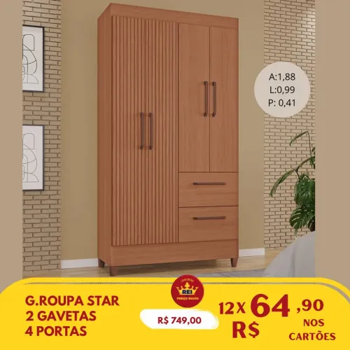 PROMOÇÃO URGENTE - Guarda-Roupa Star 100% MDF 4 PORTAS Marrom apenas 12x de R$64,90