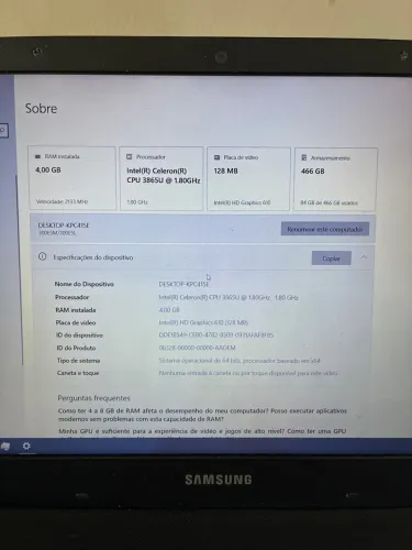 Notebook Samsung 15.6 | Celeron | 4GB ram | SSD 466GB