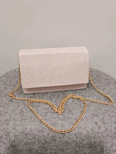 Bolsa Clutch de Festa Glitter Rosé com Alça Dourada